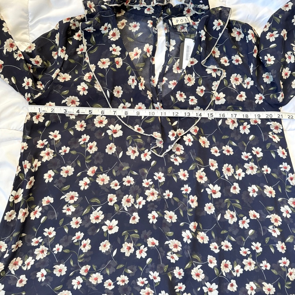 POL Navy Floral Ruffle Sheer Blouse Women’s Large Boho Romantic Cottagecore NWT - Picture 9 of 10